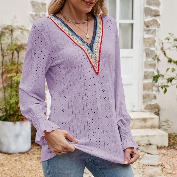 Women's Fashion Solid Color Lace Stitching V Neck Long Sleeve Loose Casual T Shirt Top New Day Shirt Womens Athletic Tee T Shirts for Women Summer Fit Mom Loose T Shirts Running Top Women Plain Shirt