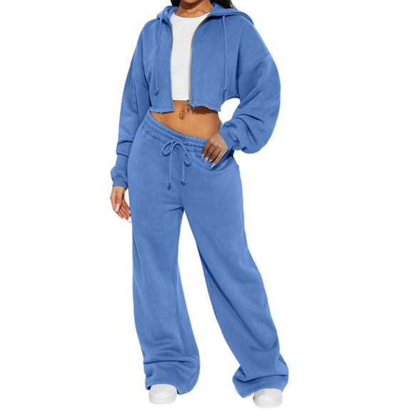 Women's Fashion Solid Color Long-Sleeve Sporty Casual Hoodie Set, Comfortable and Trendy Two-Piece for Leisure Activities,Blue,XL