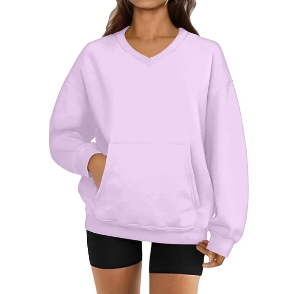 Women's Fashion Solid Color Long Sleeve V-Neck Sweatshirt for Everyday Style and Relaxed Feel with Lightweight,Light Purple,S