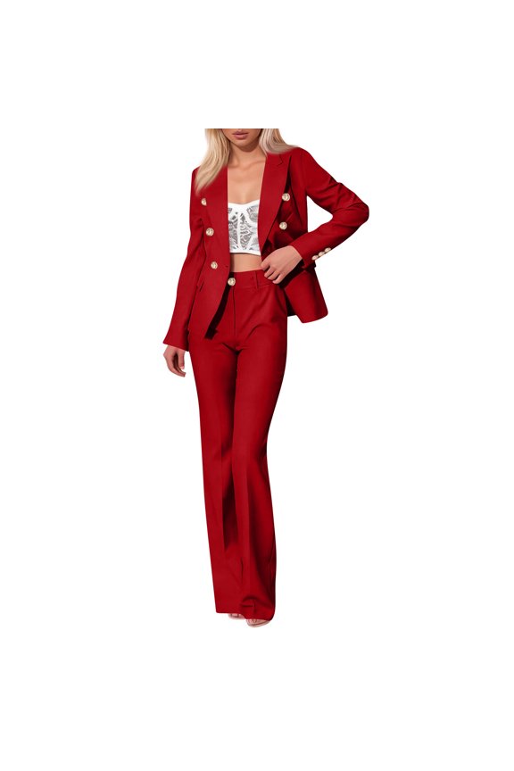 Women's Fashion Solid Color Long Sleeved Button Up Suit Jacket Casual Straight Leg Pants Two-Piece Set, Professional and Chic Office Wear,Red,S