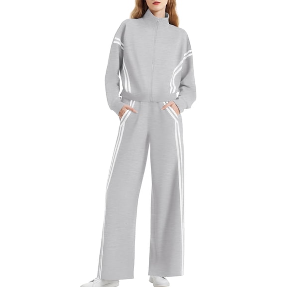 Women's Fashion Solid Color Long Sleeved Zipper Sweatshirt Jacket with Elastic Waist Pocket and Casual Sweatpants Two-Piece Set,Light Gray,S