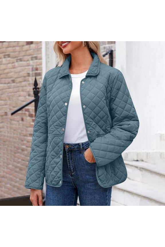 Women's Fashion Solid Color Long-sleeved Cotton Jacket with Buttons and Pockets, Casual Lightweight Cotton Coat Blue L