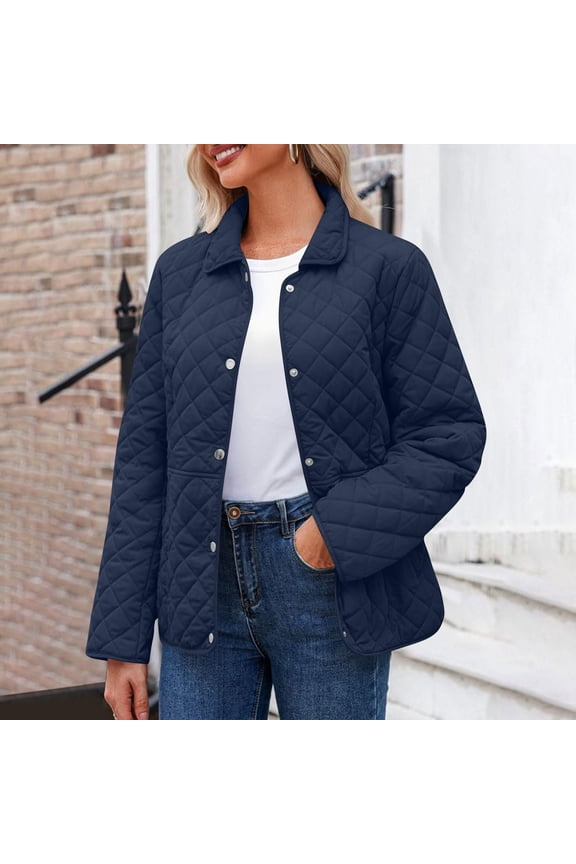 Women's Fashion Solid Color Long-sleeved Cotton Jacket with Buttons and Pockets, Casual Lightweight Cotton Coat Navy XL