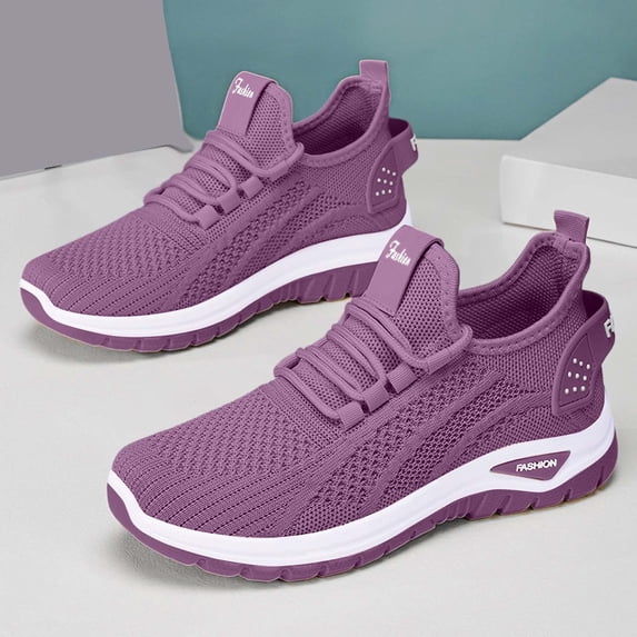 Women's Fashion Solid Color Mesh Lace Up Sneakers Lightweight Breathable Comfortable Running Shoes Non Soft Sole Athletic Footwear For Casual Walking And Sports Purple 43