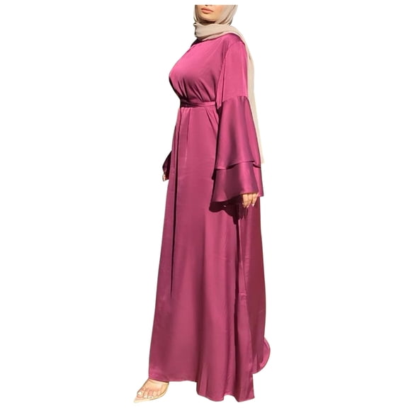 Women's Fashion Solid Color O-Neck Long Sleeve Satin Soft Waist And Ankle Dress