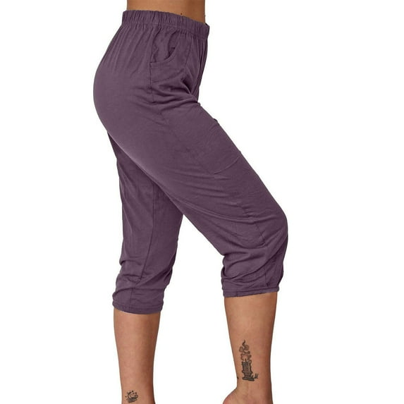 ZQUUVOU Women's Fashion Solid Color Pocket Casual Elastic Mid Waist Tie Feet Capris Purple
