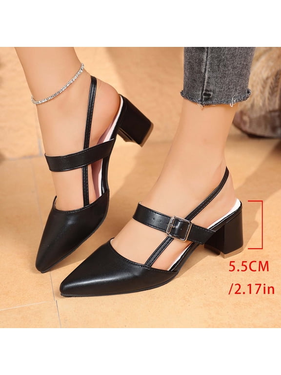 Women's Fashion Solid-Color Pointed-Toe Square-Heel Pumps: Elegant, Comfortable, Strappy Buckle Design, Non-, Lightweight Dress Shoes for Casual Everyday Wear Black 36