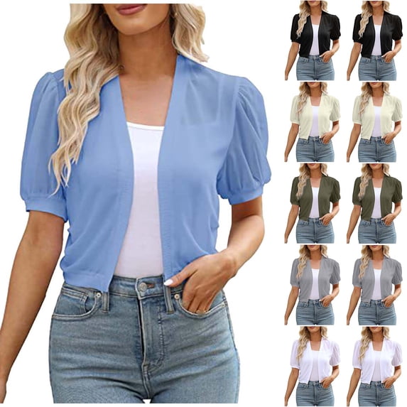 Women's Fashion Solid Color Puff Sleeve Short Top Transparent Cardigan Overlapping Small Shawl Summer Beach Cover Up | CSEONE,Gray XL