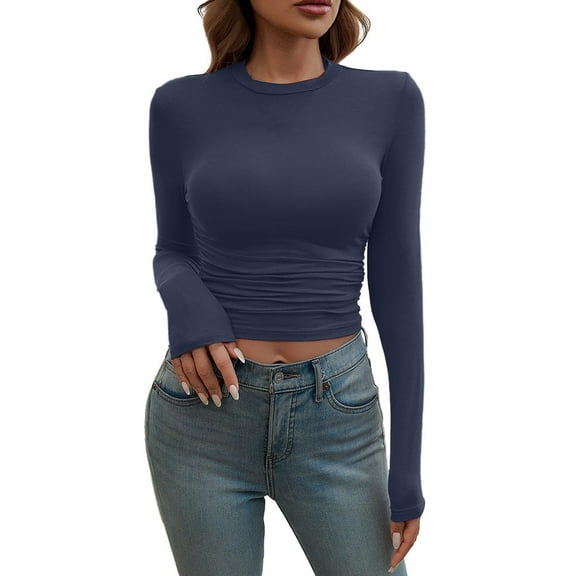 Women's Fashion Solid Color Round Neck Long Sleeve T-Shirt Top, Lightweight Super Soft Breathable Material For All-Day Comfort, Perfect For Casual Party Beach Shopping Home M Blue