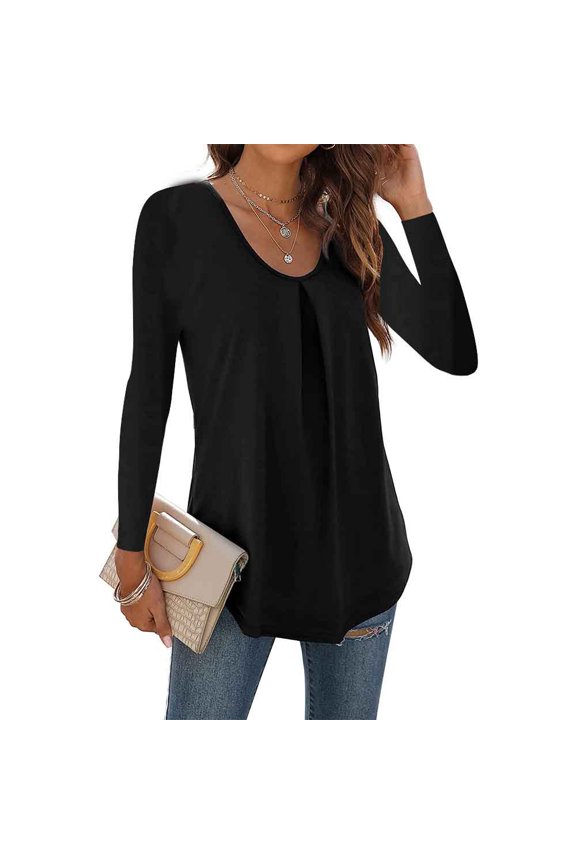 Women's Fashion Solid Color Round Neck Swallowtail Long Sleeve T-Shirt, Elegant Asymmetrical Hem Top for Women's Modern Wardrobe,Black,M