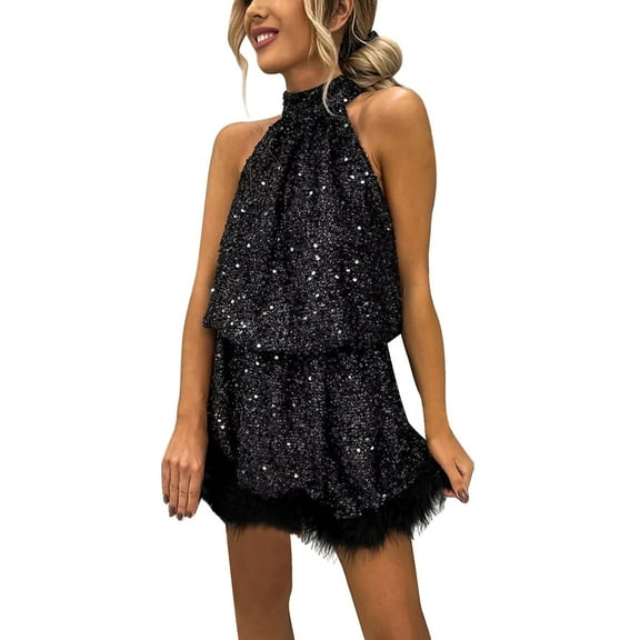 Women's Fashion Solid Color Sequin Sleeveless Halter Neck Party Dress - High-Quality Sparkling Material, Slim Fit for Wedding/Club Occasions