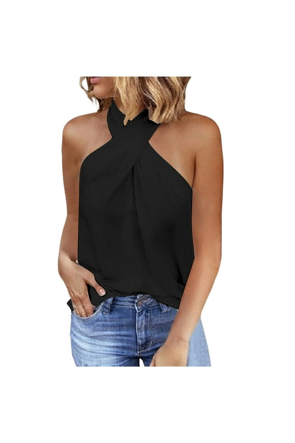 Women's Fashion Solid Color Sleeveless Halterneck Vest Top for Casual Wear