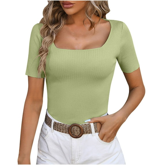 Women's Fashion Solid Color Square Neck Short Sleeve Casual T-Shirt, Comfortable and Stylish Basic Top for Daily Wear, Work, Travel, and Casual Outings
