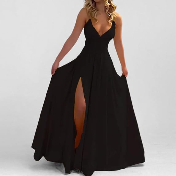 Women's Fashion Solid Color Strap Sexy Slim Fit Slit Ruffle Dress