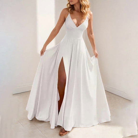 Women's Fashion Solid Color Strap Sexy Slim Fit Slit Ruffle Dress