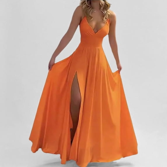 Women's Fashion Solid Color Strap Sexy Slim Fit Slit Ruffle Dress