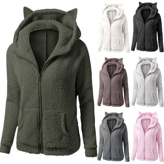 Women's Fashion Solid Color Sweatshirt Loose Hooded Fleece Zipper Jacket Top with Cat Ears for Fall and Winter Casual Wear,Gray,L