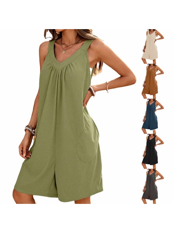 Women's Fashion Solid Color V-Neck Loose Sleeveless Pocket Shorts Jumpsuit, Rayon Blend Soft Flowy Fit, Casual Summer Romper with Side Pockets, Weekend Beach Dinner | TruBelle,Beige M