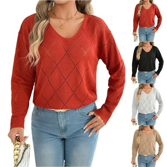 Women's Fashion Solid Color V-Neck Plaid Knitted Sweater for Fall Winter Plaid Patterns,Khaki,S