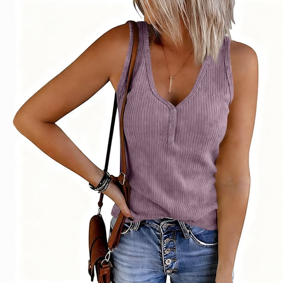 Women's Fashion Solid Color V-Neck Sleeveless Button Front Knitted Tank Top for Casual and Layered Outfits,Purple,2XL