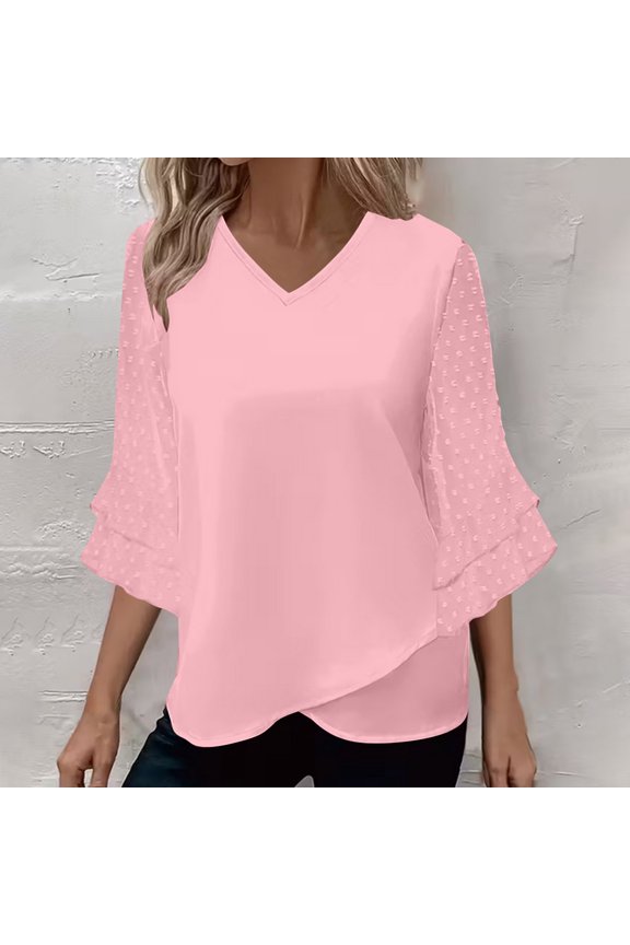 Women's Fashion Solid Color V-Neck Three-Quarter Sleeve Patchwork Relaxed Fit T-Shirt Top, Casual Blouse for Women,Pink,L