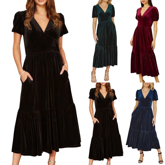 Women's Fashion Solid Color Velvet Vintage Banquet Holiday Dress V-Neck Mid-Waist Short Sleeve Elegant Dress for Spring and Autumn Parties,Black,L