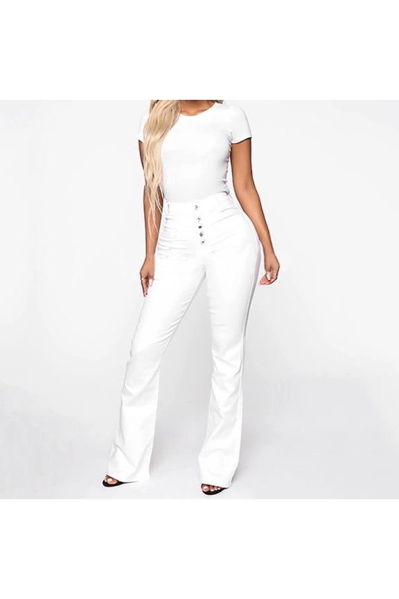 Women's Fashion Solid Color Washed Casual High Waisted Jeans, Straight Leg Denim Pants for Women, Stretch Comfort Fit, Vintage Wash Jeans,White,L