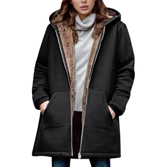 Women's Fashion Solid Color Zipper Long Sleeve Loose Hooded Mid-length Coat Black S