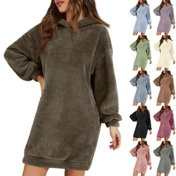 Women's Fashion Solid Colour Hooded Long Sleeve Plush Dress Loose Casual Sweatshirt, Fall and Winter Cozy Wear for Everyday Comfort, Soft and Warm,Beige,S