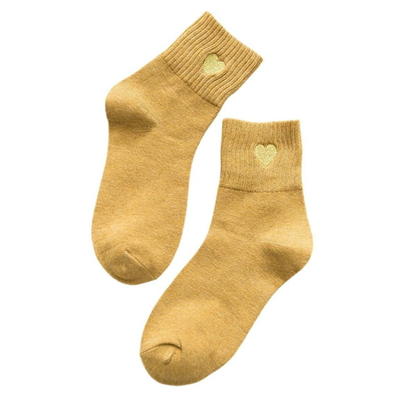 Women's Fashion Solid Gold Love Embroidered Mid Calf Socks - Cotton, Cute Heart Design for Casual Wear