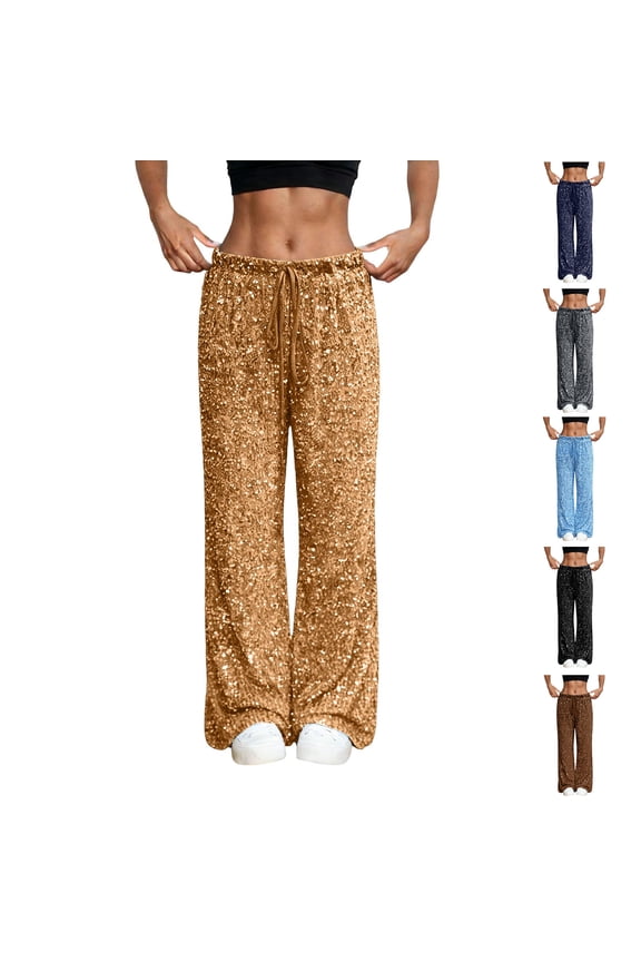 Women's Fashion Solid High Waisted Sequin Pants Sexy Style Trousers with Drawstring, Women Clothing Sweatpants Women Joggers Pants, Festive Party Wear and Everyday Fashion Trousers Gold XXL