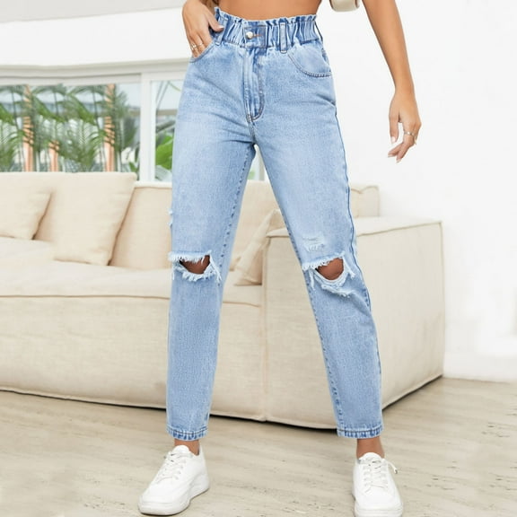 Women's Fashion Solid Jeans Pencil Pants Hole Ripped Waist Elastic Waist Denim Pocket Trousers Jean Pants for Women Lift Size 20 Pants Women Women plus Pants on Pants for Women Tall Women's plus Pants