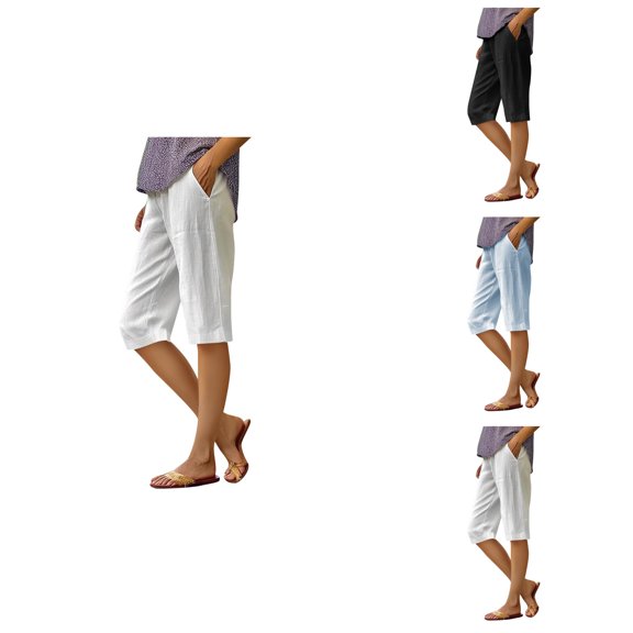 Women's Fashion Solid Large Pocket Elastic Casual Pants, Knee-Length Cotton Linen Capri Shorts with Pockets, Summer Loose Straight Leg Beach Bermuda Style