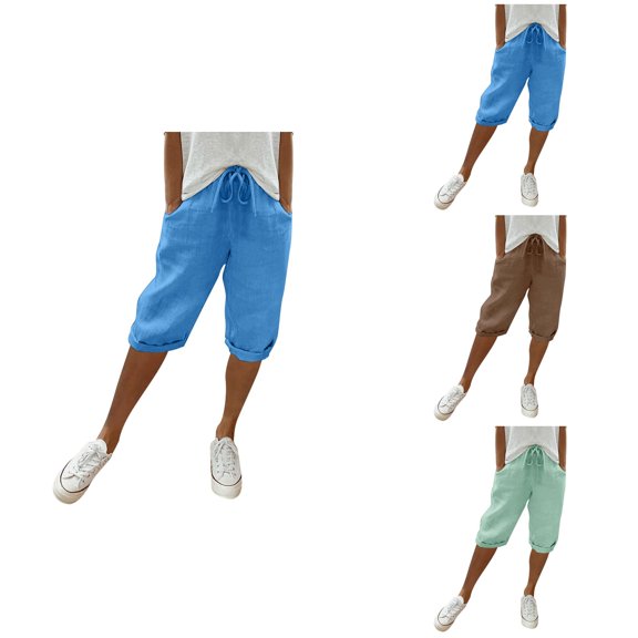 Women's Fashion Solid Large Pocket Elastic Waist Casual Capris, Summer Loose Yoga Pants Wide Leg Cropped Trousers with Pockets