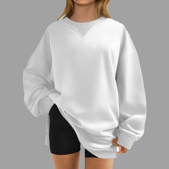 Women's Fashion Solid Long Sleeve Round Neck Casual Pullover Sweatshirt With Slit