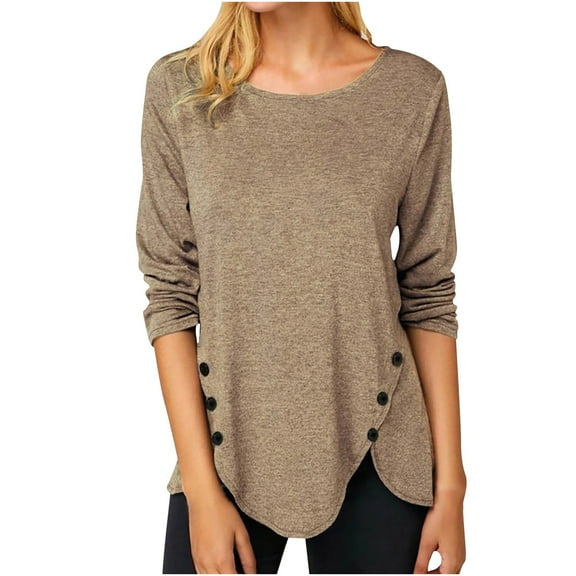 Women's Fashion Solid Loose T-shirt Long Sleeves Blouse Round-Neck Casual Tops