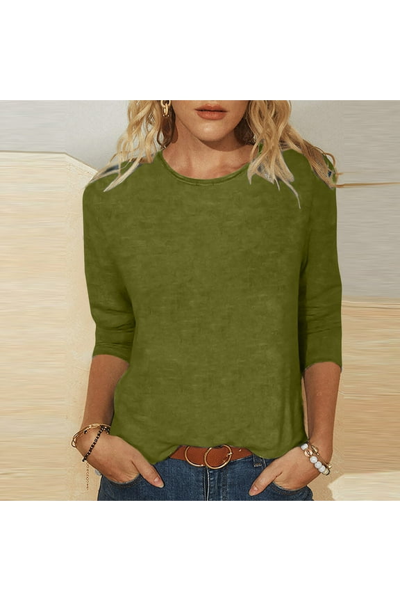 Women's Fashion Solid Loose T-shirt Mid-length 3/4 Sleeves Blouse Round Neck Casual Tops
