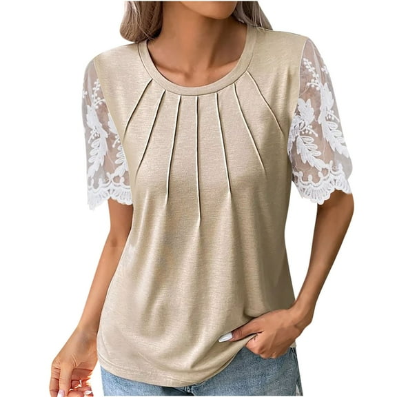 Women's Fashion Solid Round Neck Short Sleeve T-shirt Blouse with Lace Trim, Casual Tops for Summer, Stylish and Comfortable, Perfect for Daily Wear, Available in Multiple Sizes