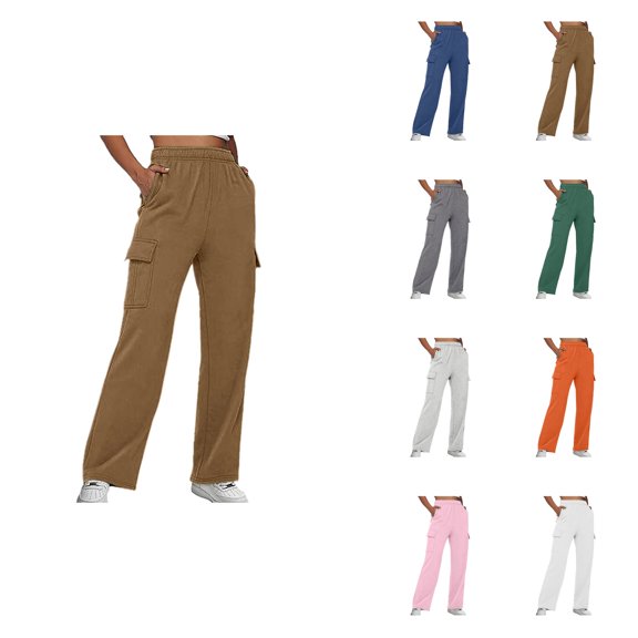 Women's Fashion Solid Strappy Trousers, High Waisted Elastic Waist Wide Leg Cargo Pants with Pockets, 2025 Trendy Casual Baggy Joggers Pants