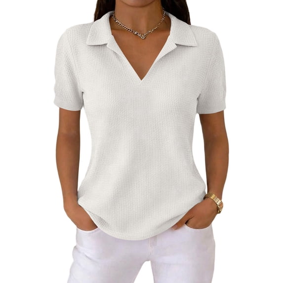 Women’s Fashion Solid Waffle Knit Short Sleeve Top with Vintage Lapel Collar for Spring and Summer Daily Wear White S