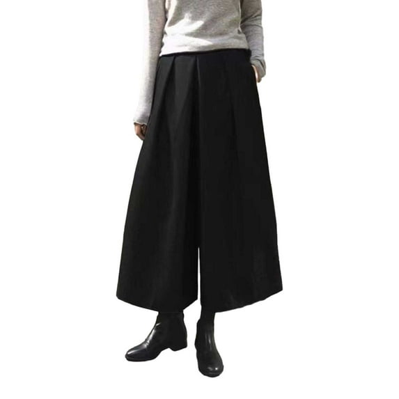 Women's Fashion Solid Woolen Culottes - Loose Wide Leg Nine Quarter Pants - Polyester, Stylish for Office/Vacation