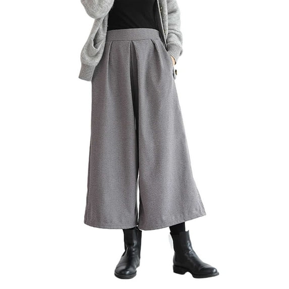 Women's Fashion Solid Woolen Culottes - Loose Wide Leg Nine Quarter Pants - Polyester, Stylish for Office/Vacation
