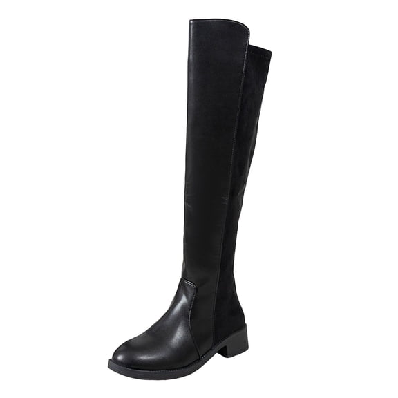 Women's Fashion Splicing Knee High Boots Pull On Comfortable Flat Low Heel Round Toe Stretchy Suede Over The Knee Booties Black Size 6