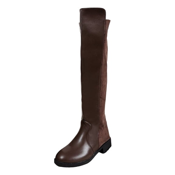 Women's Fashion Splicing Knee High Boots Pull On Comfortable Flat Low Heel Round Toe Stretchy Suede Over The Knee Booties Brown Size 6.5