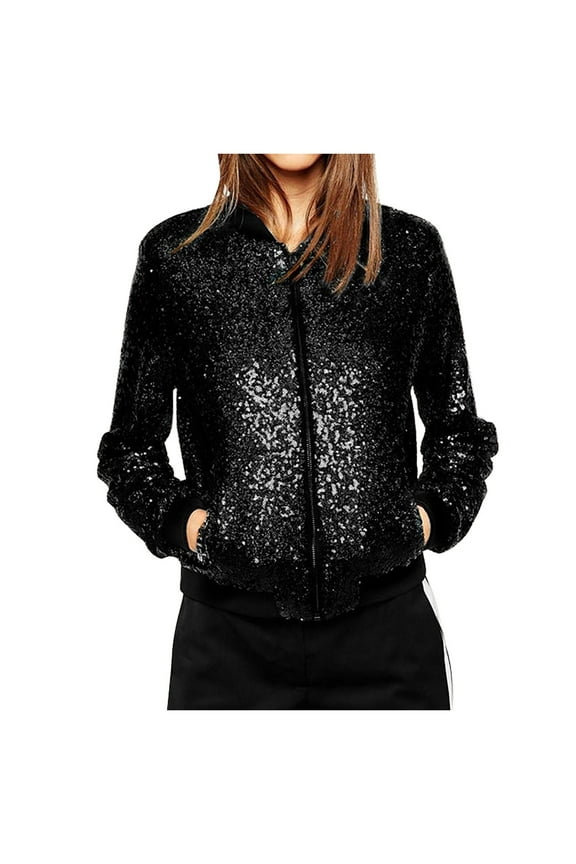 Women's Fashion Sports Style Long Sleeve Sequins Baseball Tassel Lapel Zipper Loose Jacket