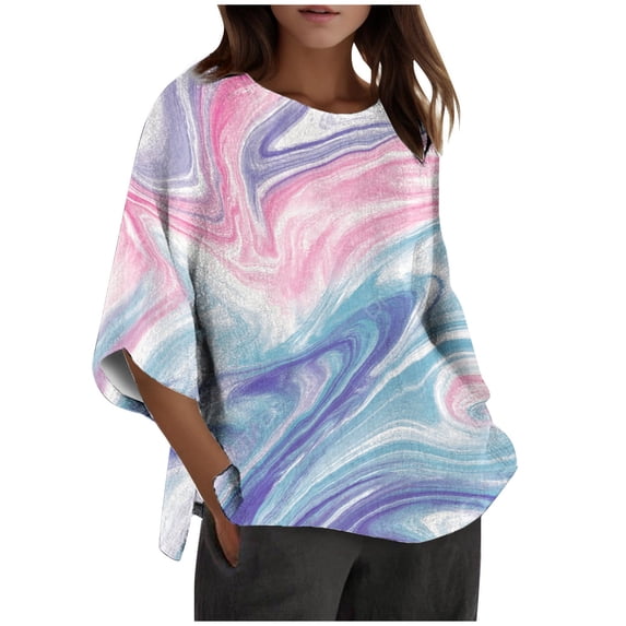 Women's Fashion Spring And Summer Printed Split Sleeve Round Neck Loose Casual Top T Shirt (3) Casual Women Summer