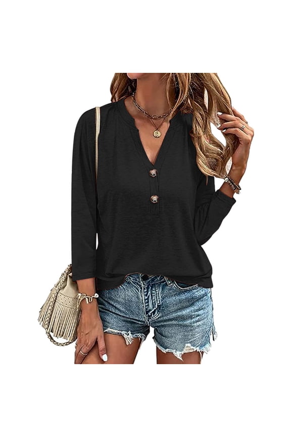 Women's Fashion Spring And Autumn Solid V Neck 3/4 Sleeve Button Casual T Shirt Top Sleeve Shirt Womens Summer T Shirts T Shirts Tops for Women Running Shirt Women Women Athletic T Shirts Stretch