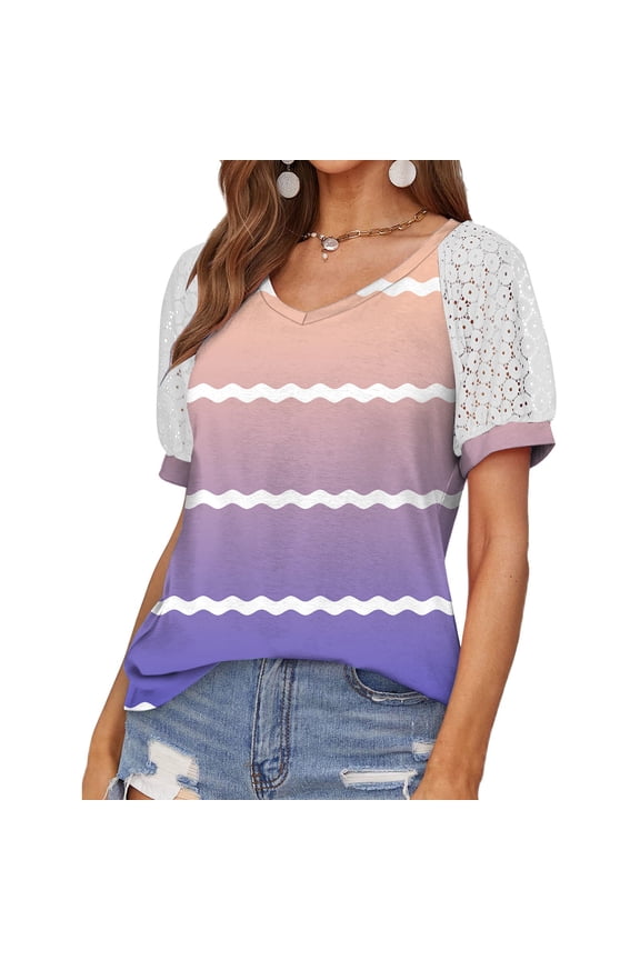 Women's Fashion Spring And Summer Gradient Pattern Printed V Neck Jacquard Sleeves Casual Top T Shirt Athletic T Shirt Women Women Shirt Polyester Spandex Summer Shirts for Women Womens Thick Long