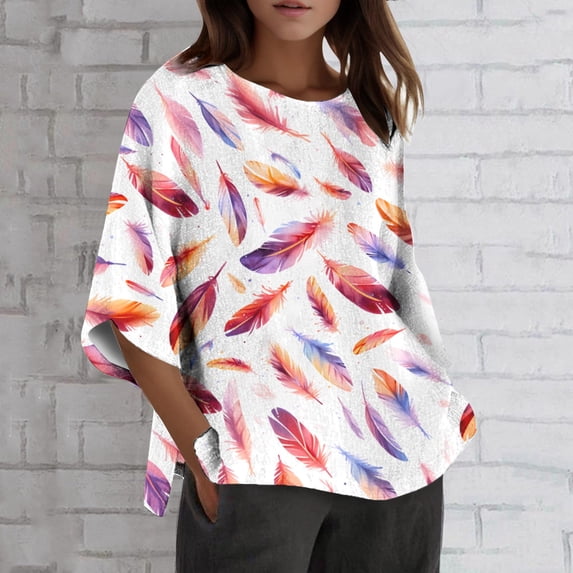 Women's Fashion Spring And Summer Printed Split Sleeve Round Neck Loose Casual Top T Shirt (5) Ladies Long Sleeve Shirts Shirt Women Long Sleeve Women Compression Shirts Women T Shirts Blank Athletic