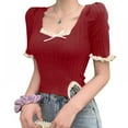 thumbnail image 1 of Women's Fashion Square Collar Lace Short Sleeve Knitted Slim Pullover T-Shirt Tops, 1 of 5